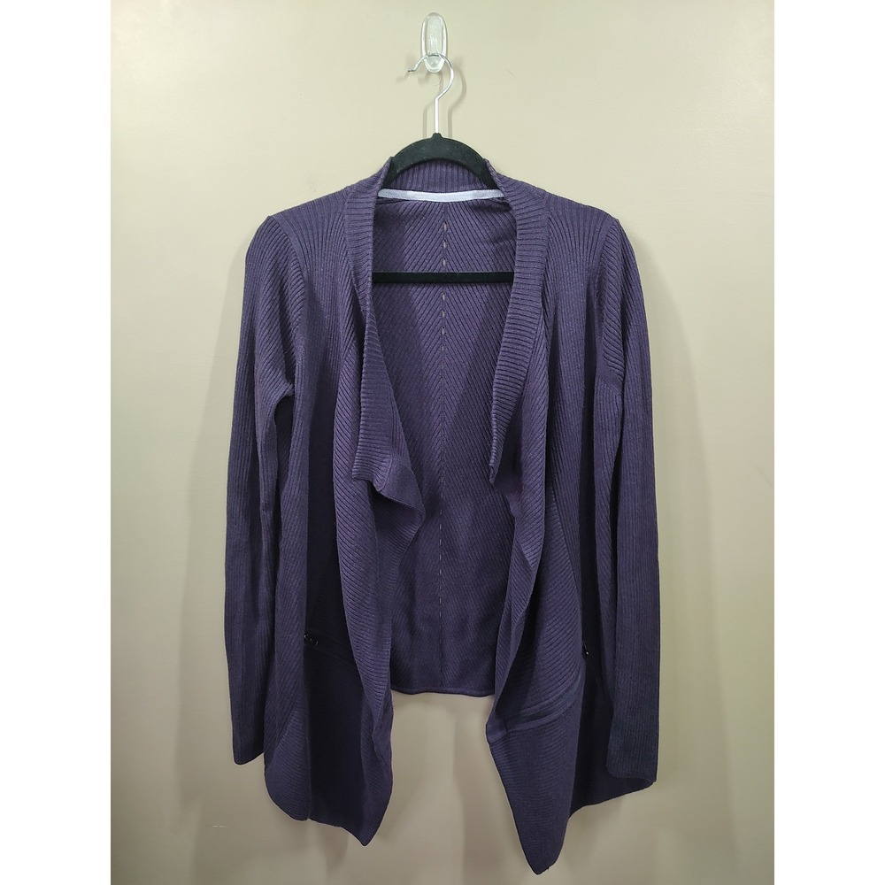 Lululemon Purple Ribbed Knit Open Front Cardigan Shawl Collar Pockets Sz 8-10